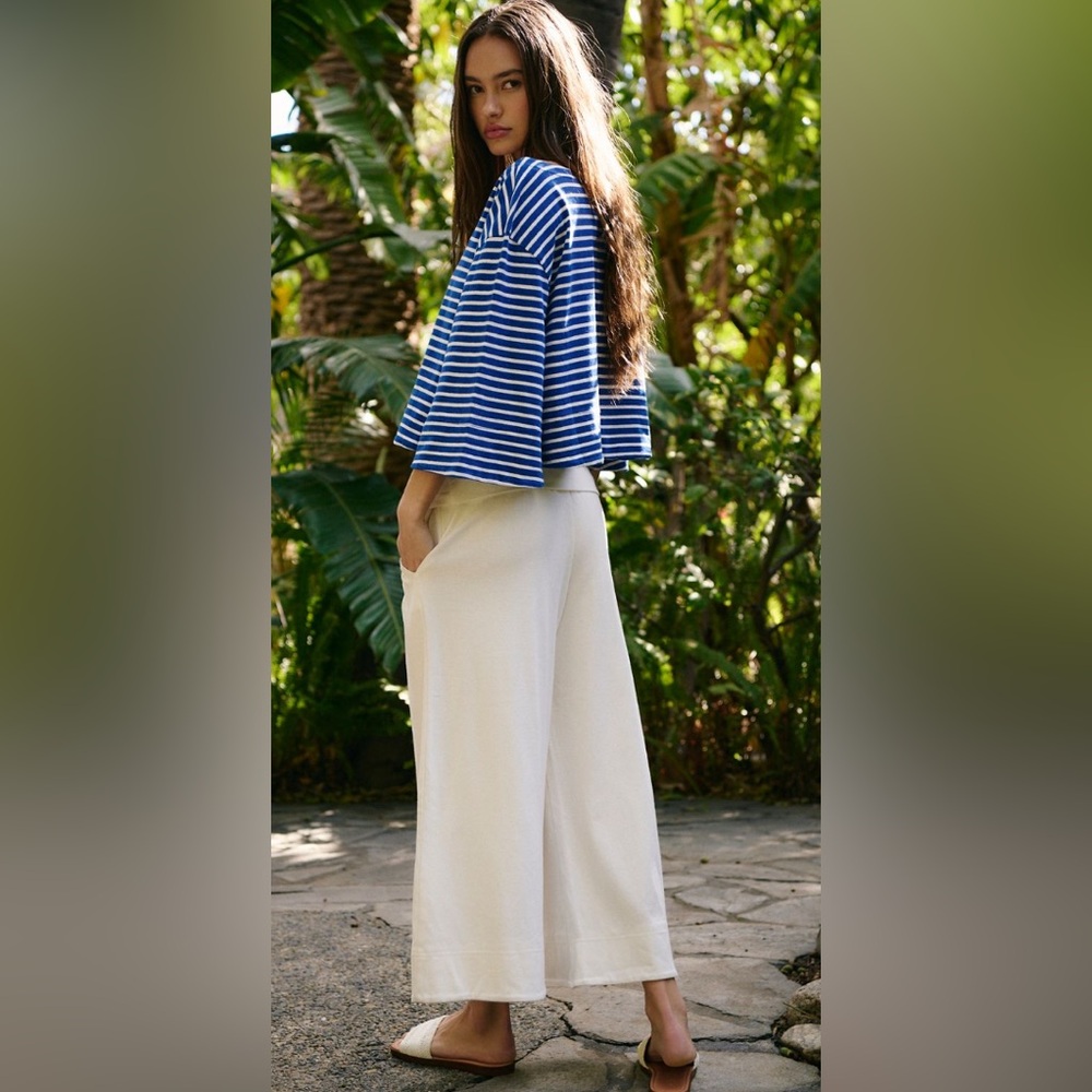 2 Piece Set Free People Blue Striped Top and Cream Wide-Leg Pants - Picture 4 of 10